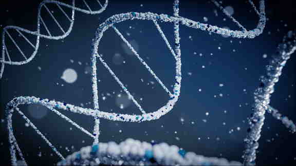 several light blue strands of DNA floating over a dark blue background