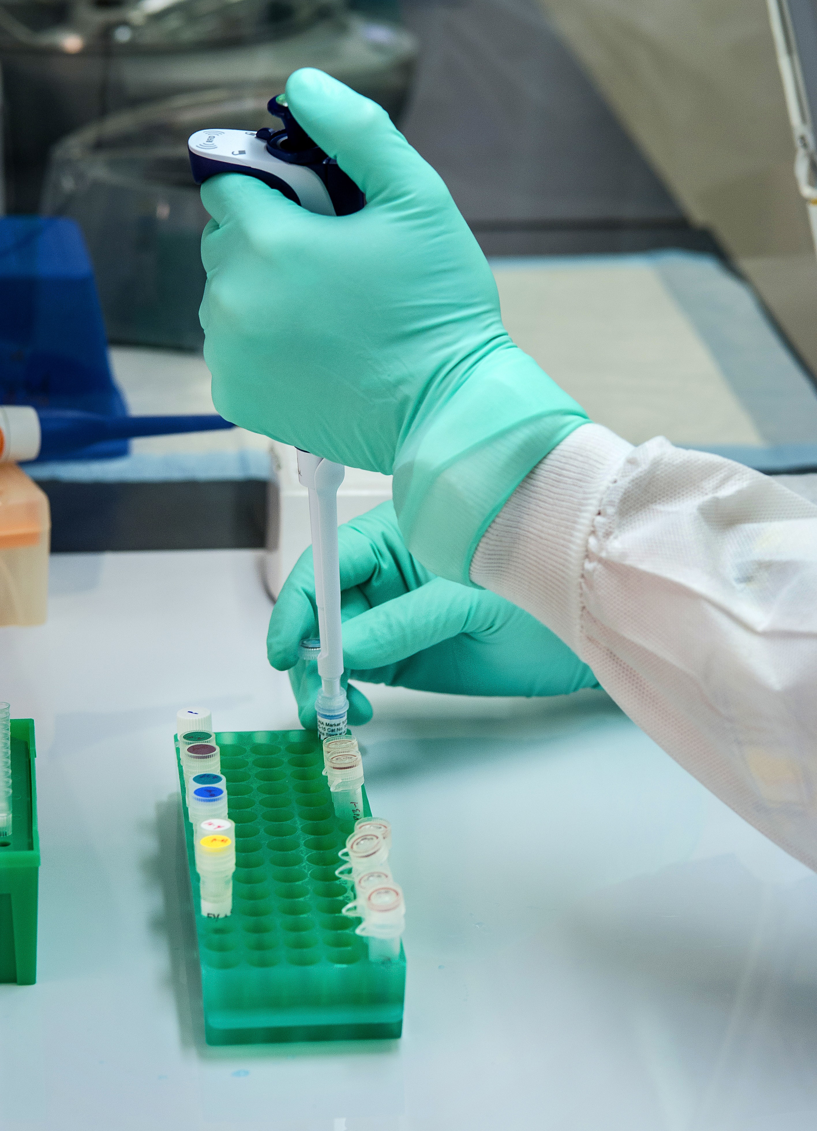 hands gloved in green working with pipette and filling tubes