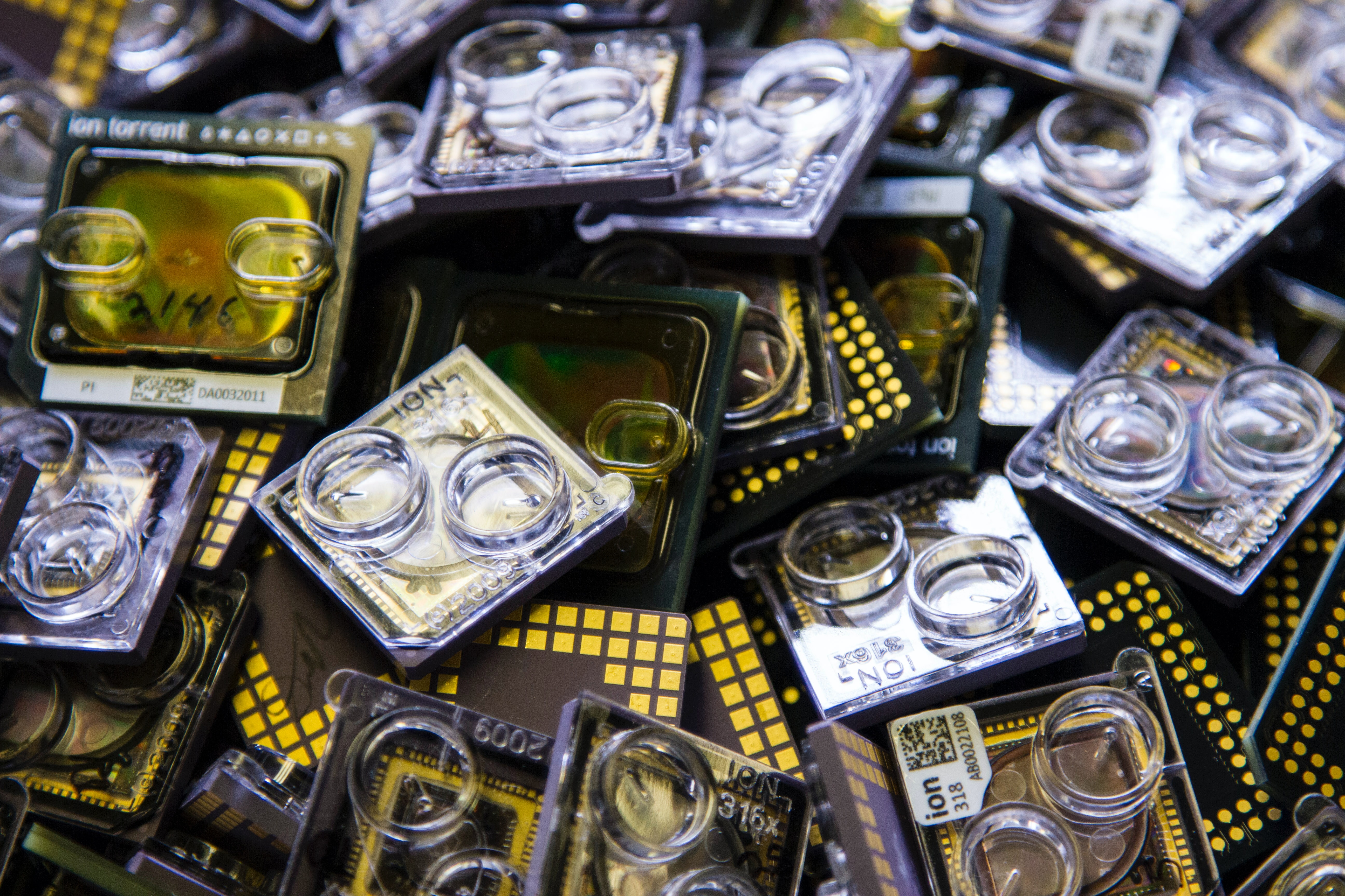 A box containing used DNA sequencing chips