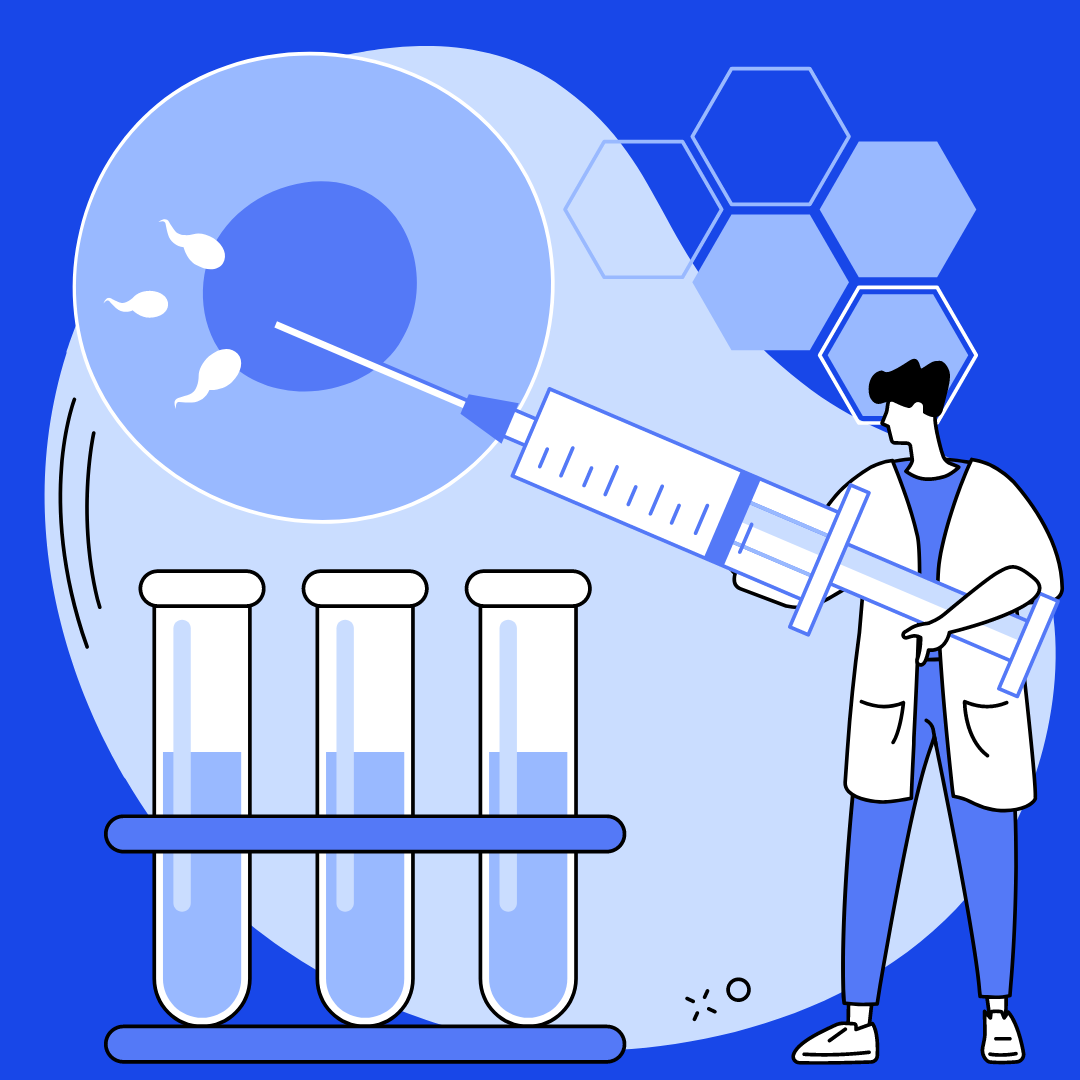 a blue graphic composed of test tubes on the bottom left an egg in the top right and a scientist in the bottom right poking the egg with a needle.