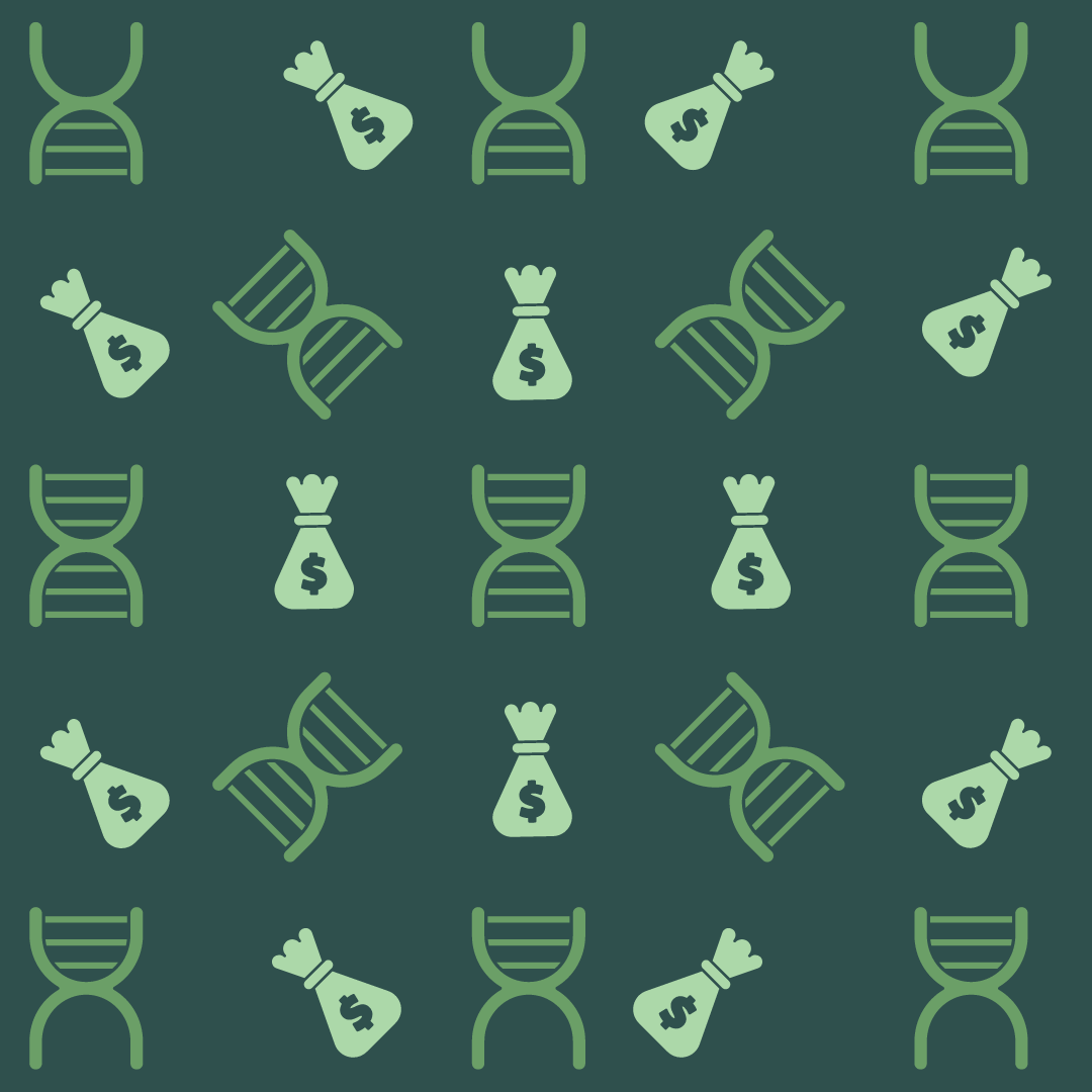 DNA strands and moneybags on green background