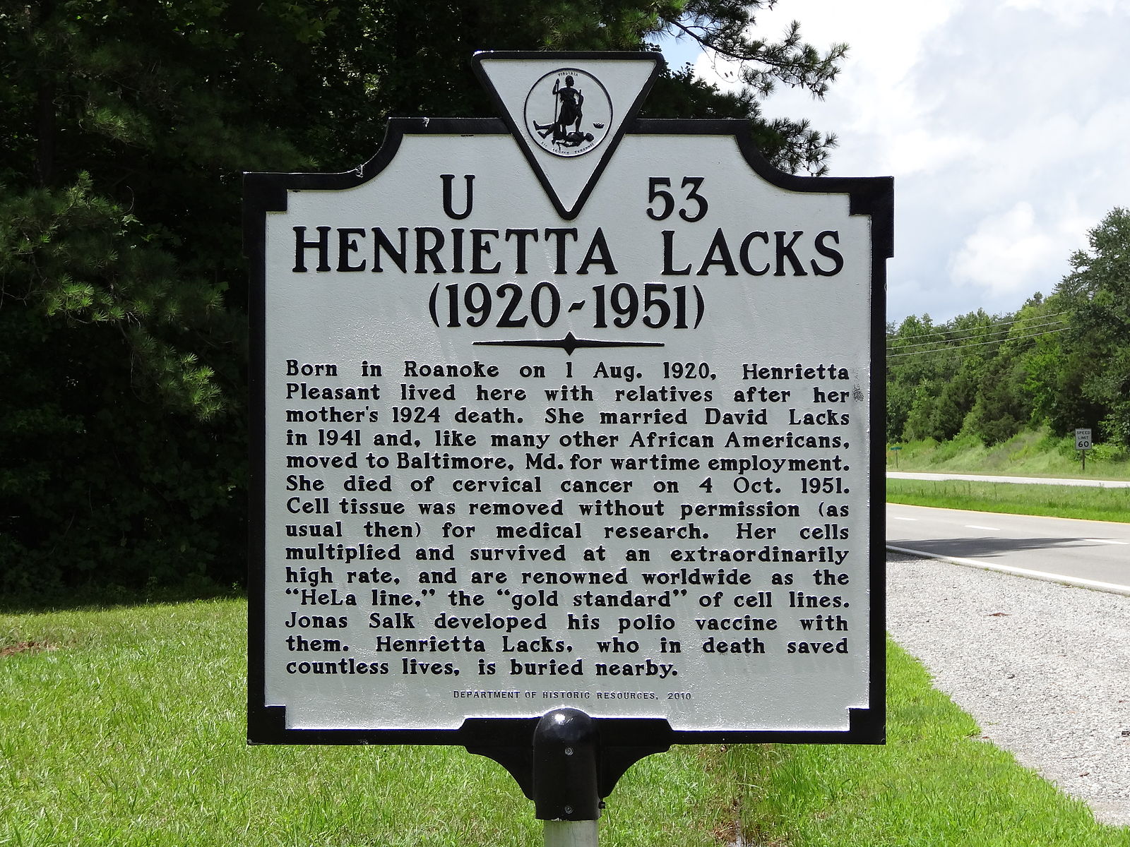 a picture of the Henrietta Lacks historical markerhttps://commons.wikimedia.org/wiki/File:Henrietta_Lacks_historical_marker;_Clover,_VA;_2013-07-14.JPG