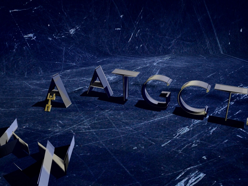 Illustrated image which displays the letters ATCG (representing DNA base pairs) being built.