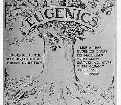 a banner saying eugenics over a tree