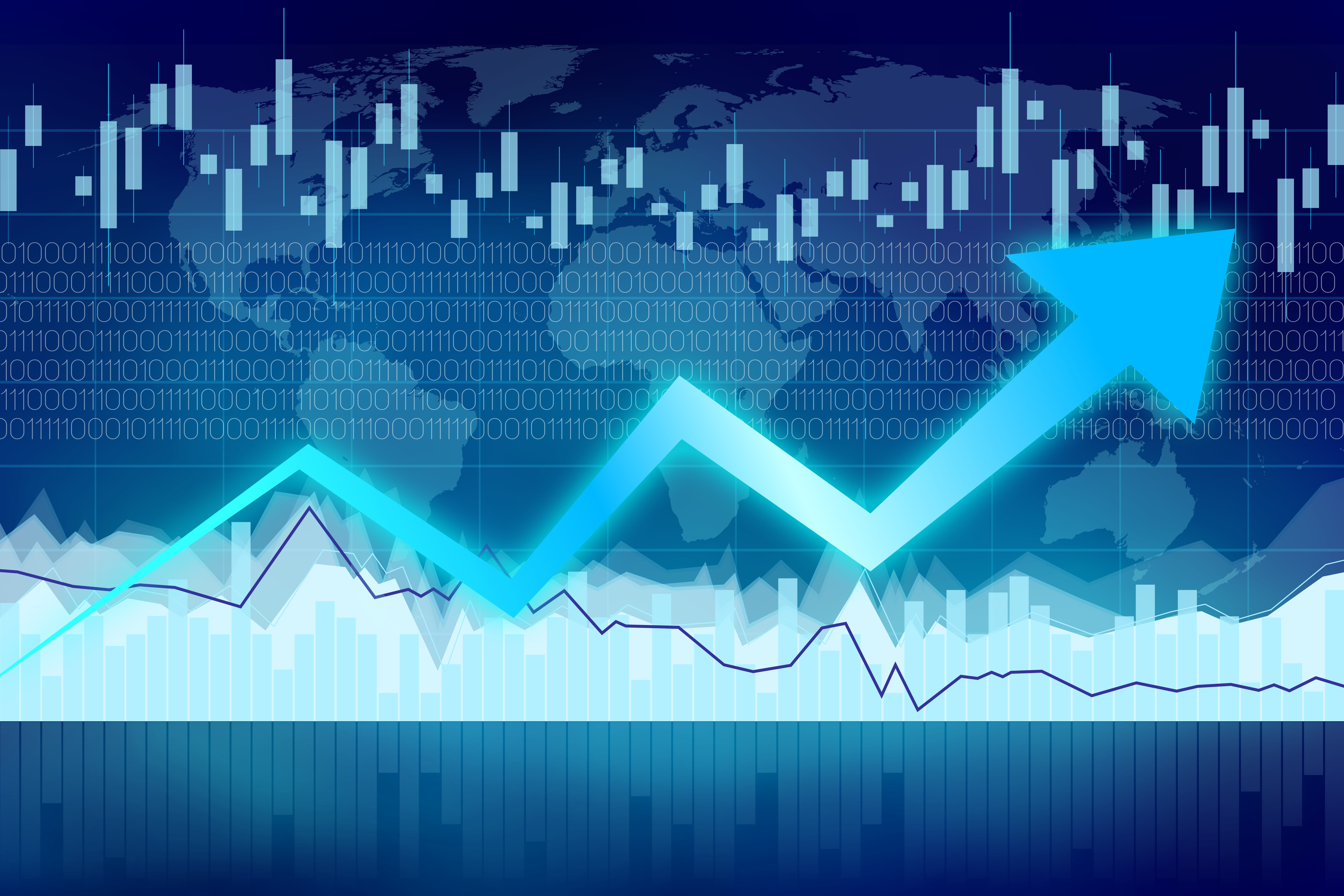 World map with a blue arrow indicating a market increase