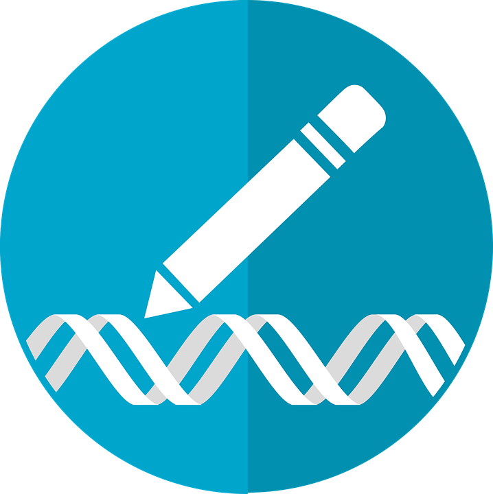 White pencil writing a double strand of DNA on a blue background