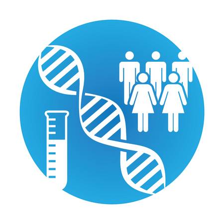 Graphic of a test tube, DNA, and 5 people