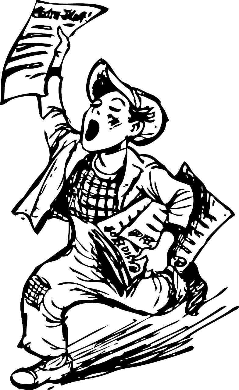 line drawing of a newsboy running with newspapers