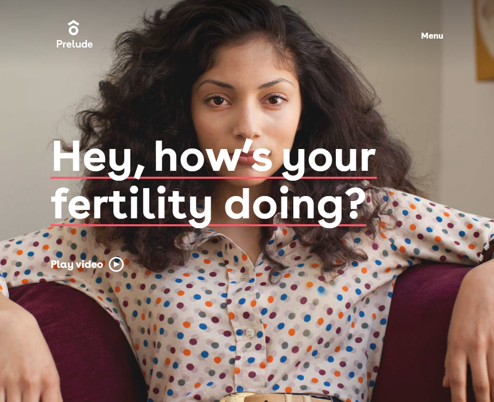 A woman in a polka dot blouse lounging on a couch looks directly in the camera with the text "Hey, how's your fertility doing?" in bright font.