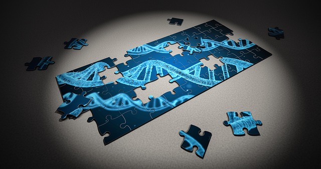 A partially completed jigsaw puzzle of light blue dna strands on a dark blue background