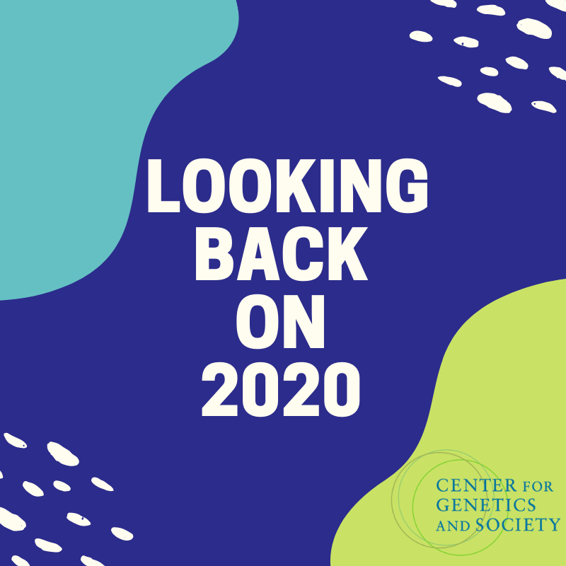 Text reads "Looking Back on 2020" in white on a colorful abstract background