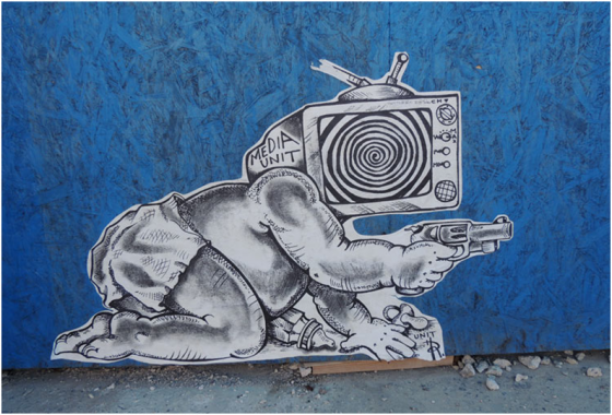 TV-headed baby with a gun by Media Unit in Bushwick, Brooklyn