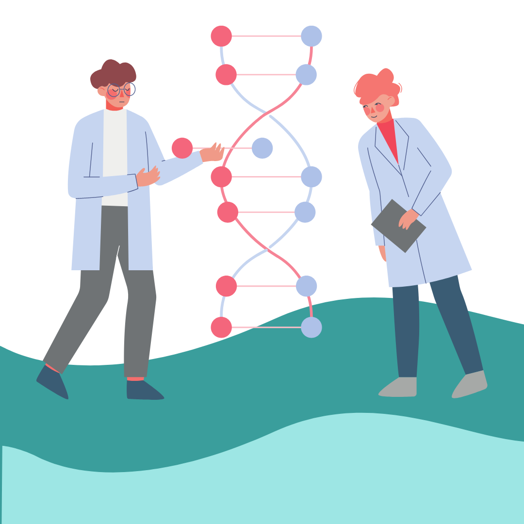 two people in lab coats edit a strand of DNA