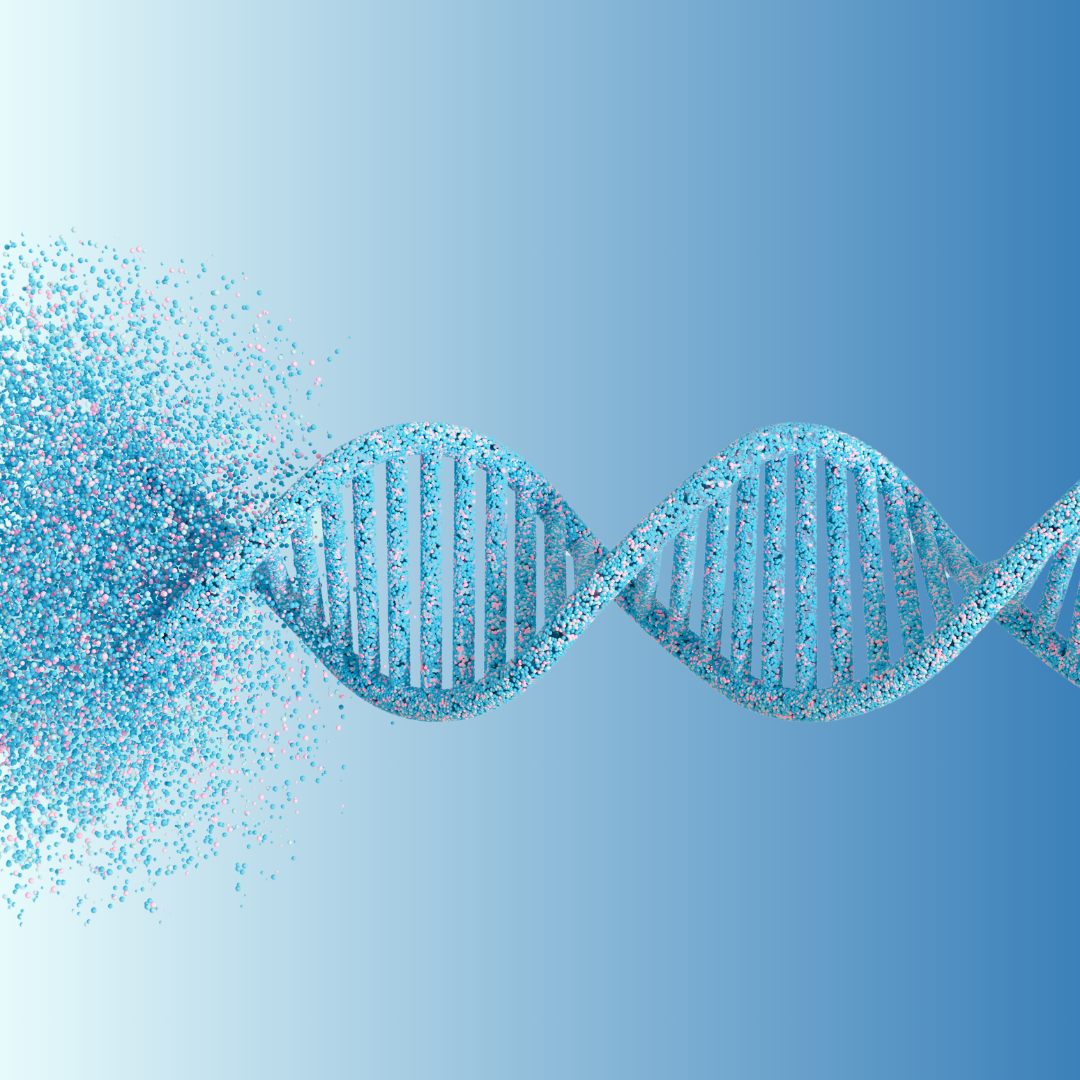 blue strand of dna dissolving into blue background