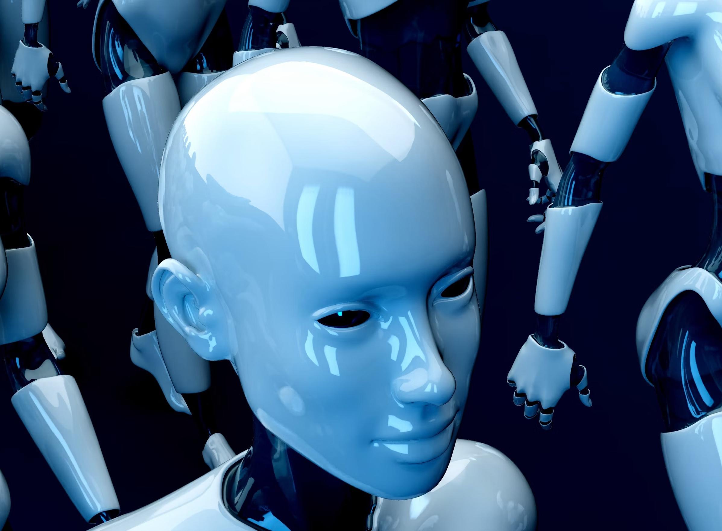 a humanoid robot with blue skin surrounded by other similar robots