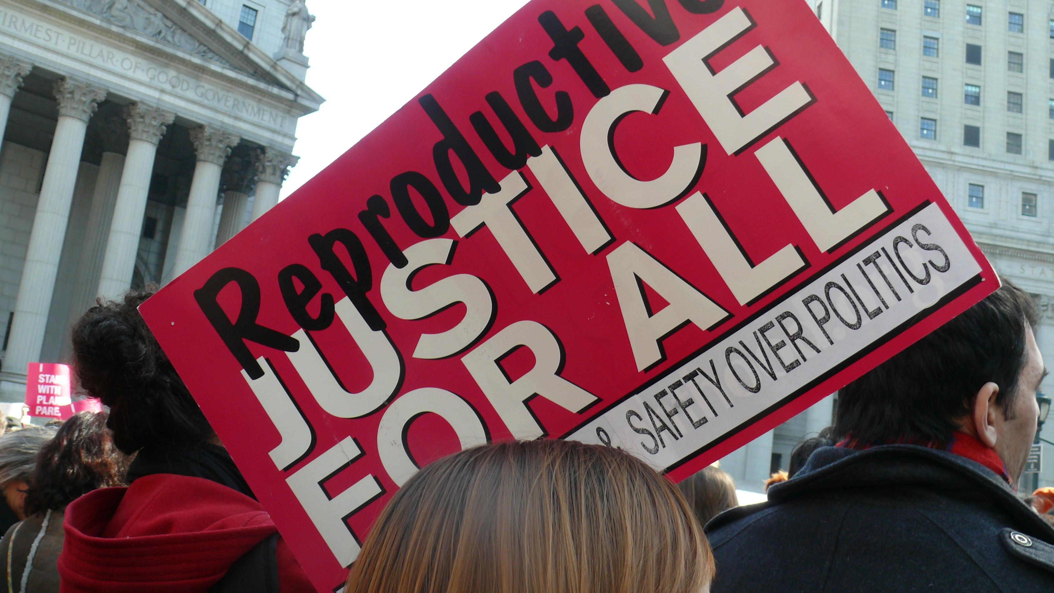 Someone holds a “Reproductive Justice For All” sign at a Planned Parenthood Rally in New York City in 2011. (Charlotte Cooper via Flikr)