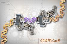 Image of a large technological machine that holds a purple double helix in between two ends, with.yellow DNA strands on the other sides.