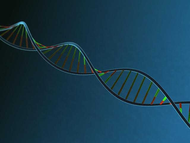 Double helix figure that is diagonally positioned. Several base pairs are highlighted with different colors.