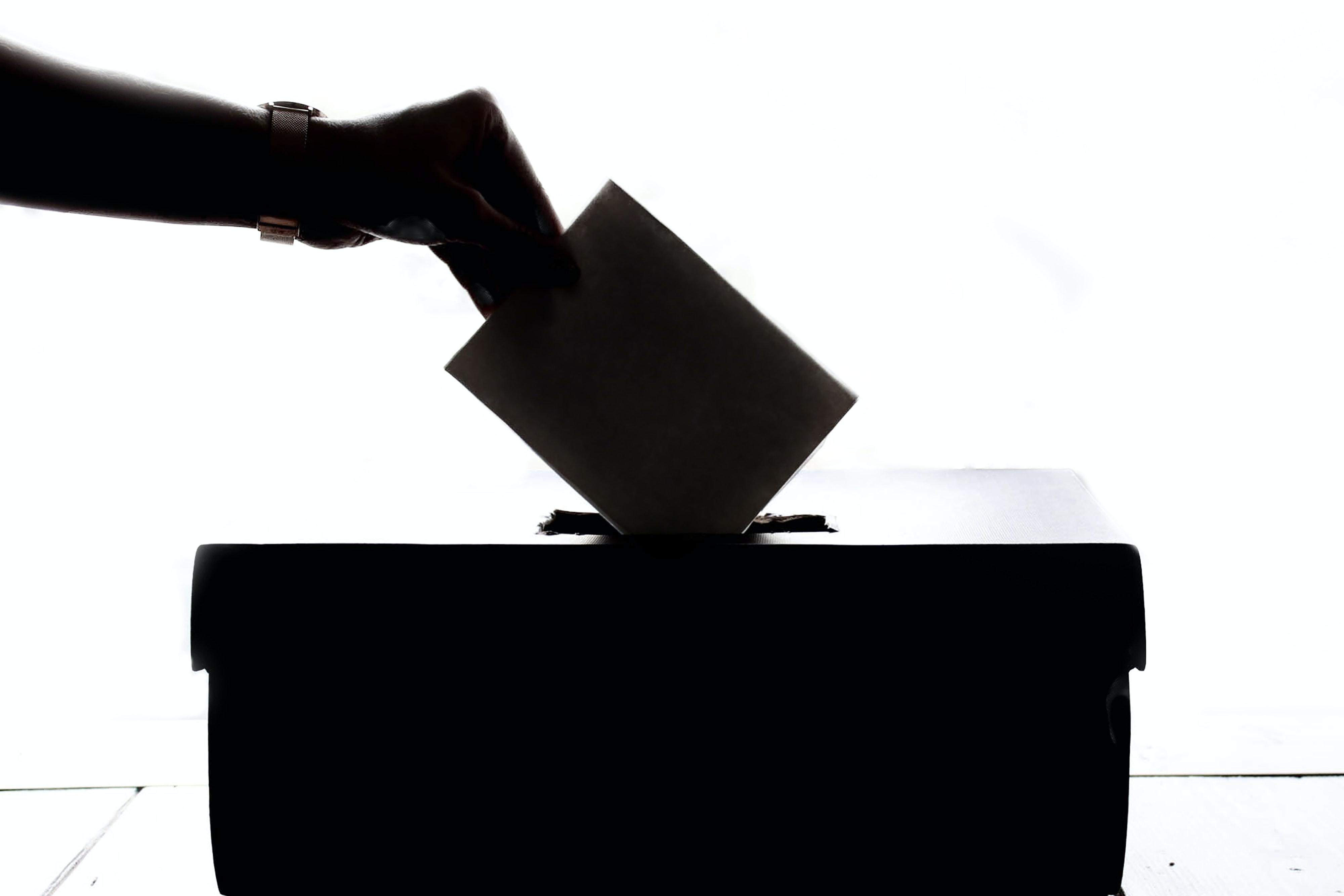 Silhouette of hand placing ballot in box