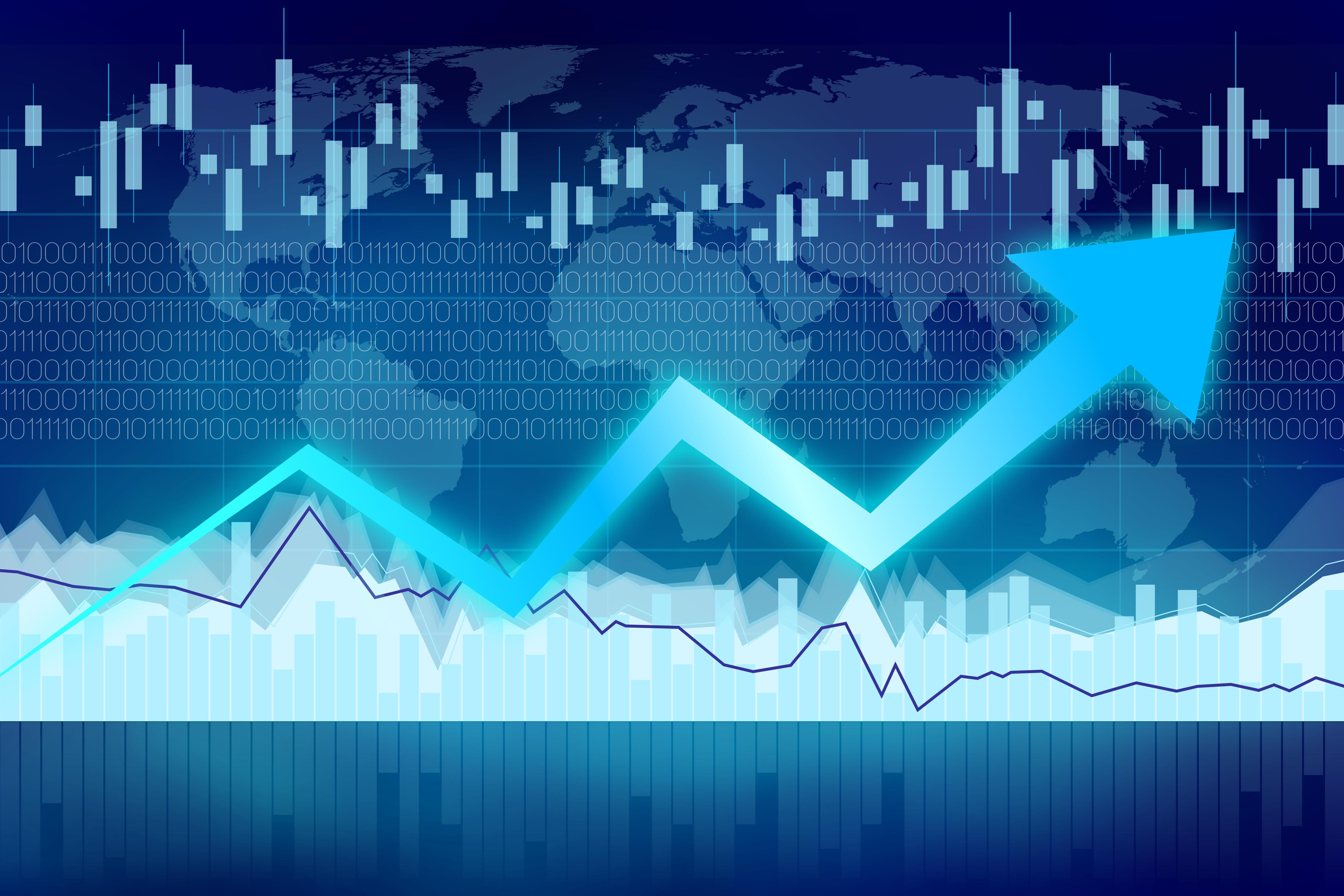 World map with a blue arrow indicating a market increase