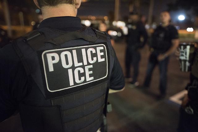 An image of an ICE officer facing away from the camera. The uniform okn the officer's back reads "POLICE / ICE."