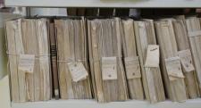 Folders from storage filing cabinet are lined on a table.